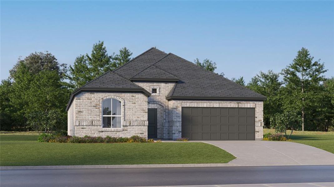 French provincial home with a garage and a front lawn