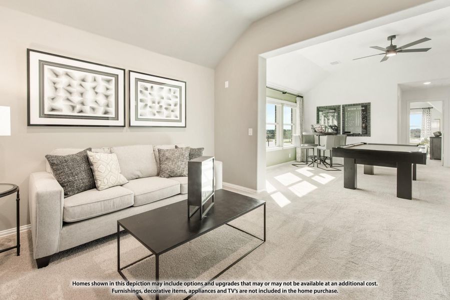 Bonus room with vaulted ceiling, sofa seating area, and pool table on carpet flooring Bonus room with vaulted ceiling, sofa seating area, and pool table on carpet flooring