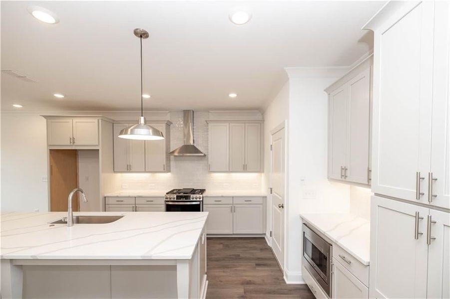 Quartz cabinets, SS appliances, refrigerator not included, under cabinet lighting - Pictures represent a previously built home, not the actual home.