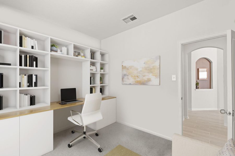The home office offers plenty of space, and it can even be used as a guest bedroom!
