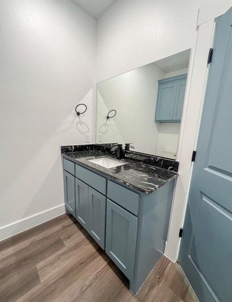 Bathroom featuring vanity and wood-type flooring