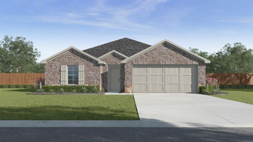 View of front facade featuring brick siding, a front lawn, fence, a garage, and driveway