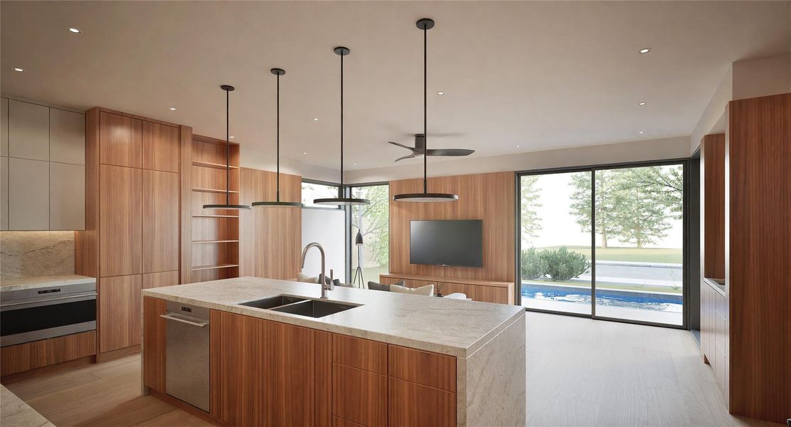 Kitchen with modern cabinets, a kitchen island with sink, plenty of natural light, light stone counters, and recessed lighting Kitchen with modern cabinets, a kitchen island with sink, plenty of natural light, light stone counters, and recessed lighting