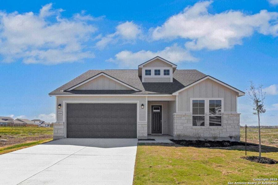 Front exterior of a new home in Weltner Farms 50’s, New Braunfels, TX, highlighting curb appeal (Image 2). Front exterior of a new home in Weltner Farms 50’s, New Braunfels, TX, highlighting curb appeal (Image 2).