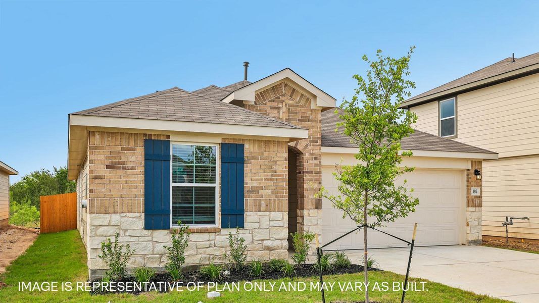 Front exterior of a new home in Prairie Lakes, Buda, TX, highlighting curb appeal (Image 2). Front exterior of a new home in Prairie Lakes, Buda, TX, highlighting curb appeal (Image 2).