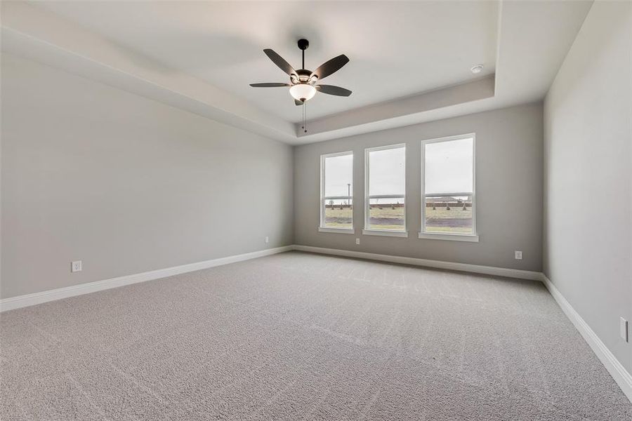 Carpeted spare room featuring ceiling fan and a tray ceiling