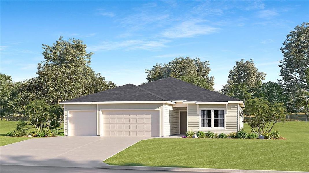 Artist rendering; illustration only; colors, features, and garage orientation may differ.