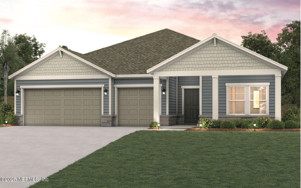 Front exterior of a new home in The Cypress Series at Reserve East, Flagler Beach, FL, highlighting curb appeal (Image 1). Front exterior of a new home in The Cypress Series at Reserve East, Flagler Beach, FL, highlighting curb appeal (Image 1).