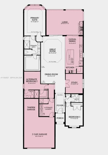 Floor Plan - tandem garage, tray ceiling. gourmet kitchen, extension of the casual dining area, bay window in the primary suite, study in place of a flex room, and covered lanai with an outdoor kitchen with a vented hood Floor Plan - tandem garage, tray ceiling. gourmet kitchen, extension of the casual dining area, bay window in the primary suite, study in place of a flex room, and covered lanai with an outdoor kitchen with a vented hood