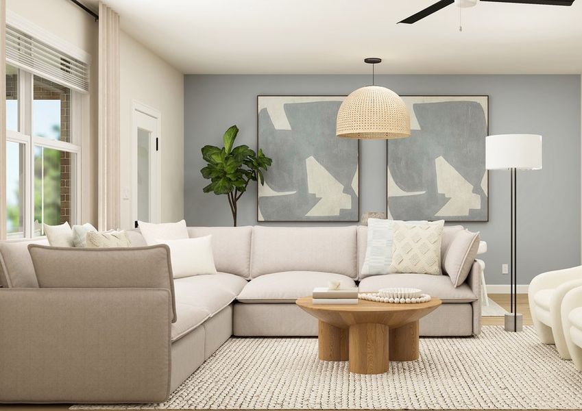 Rendering of a  living room furnished with a off white sectional and two side chairs.
