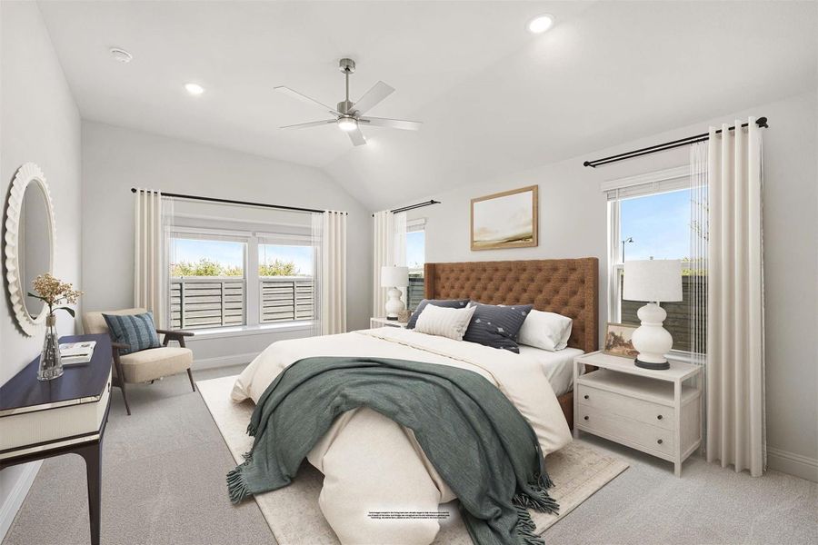 Spacious master bedroom with vaulted ceiling, ceiling fan, tufted headboard, and large windows