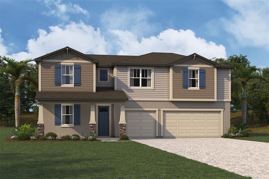 Front exterior of a new home in Crosswind Ranch, Parrish, FL, highlighting curb appeal (Image 1).