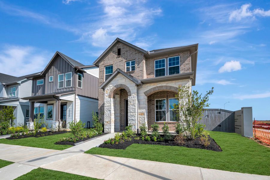 Front exterior of a new home in Jubilee - Cottages Row Collection, Hockley, TX, highlighting curb appeal (Image 24).
