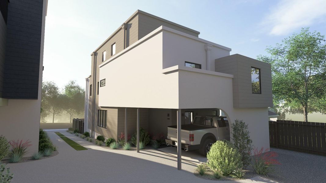 Rear view of property featuring stucco siding and a carport