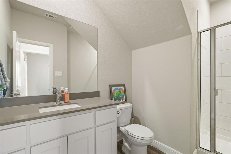 Full bathroom with a stall shower, vanity, and lofted ceiling Full bathroom with a stall shower, vanity, and lofted ceiling