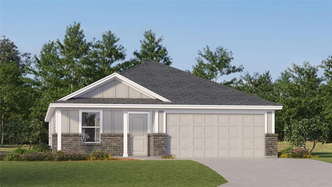 View of front facade with board and batten siding, driveway, a garage, and a front lawn View of front facade with board and batten siding, driveway, a garage, and a front lawn