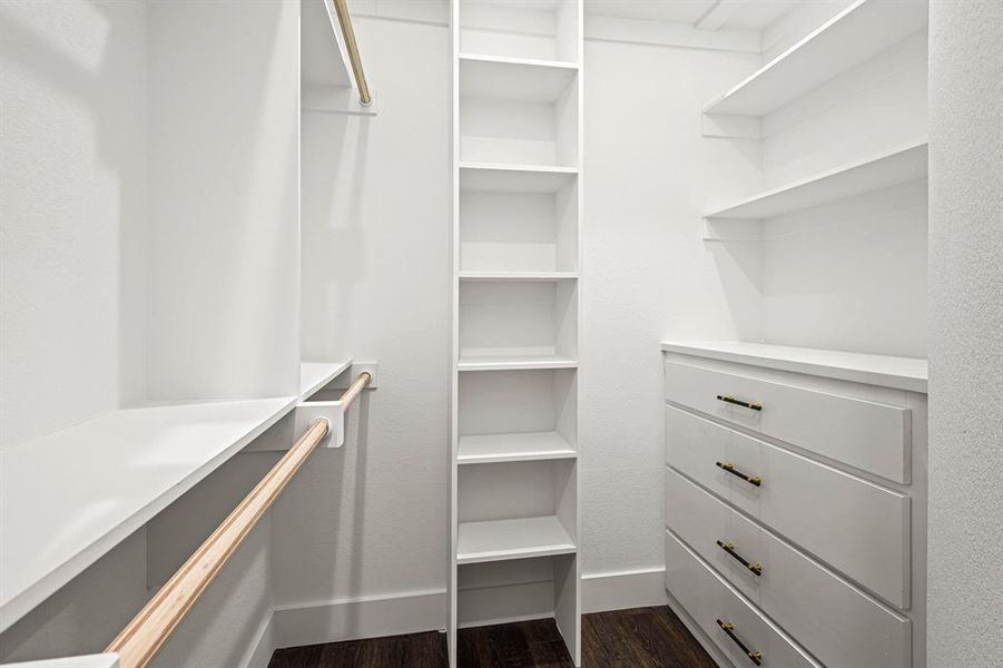 Walk in closet with dark wood-style floors