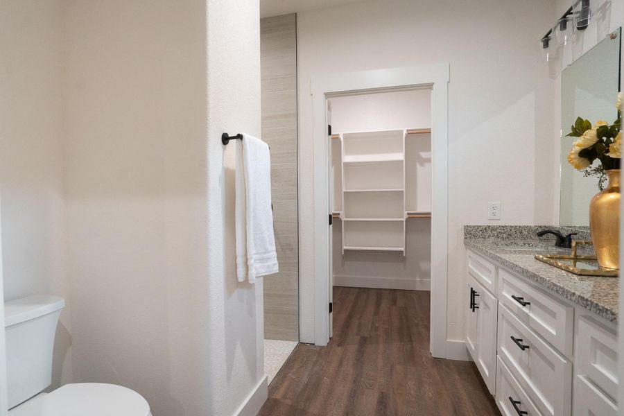 Bathroom with wood finished floors, vanity, toilet, a spacious closet, and baseboards
