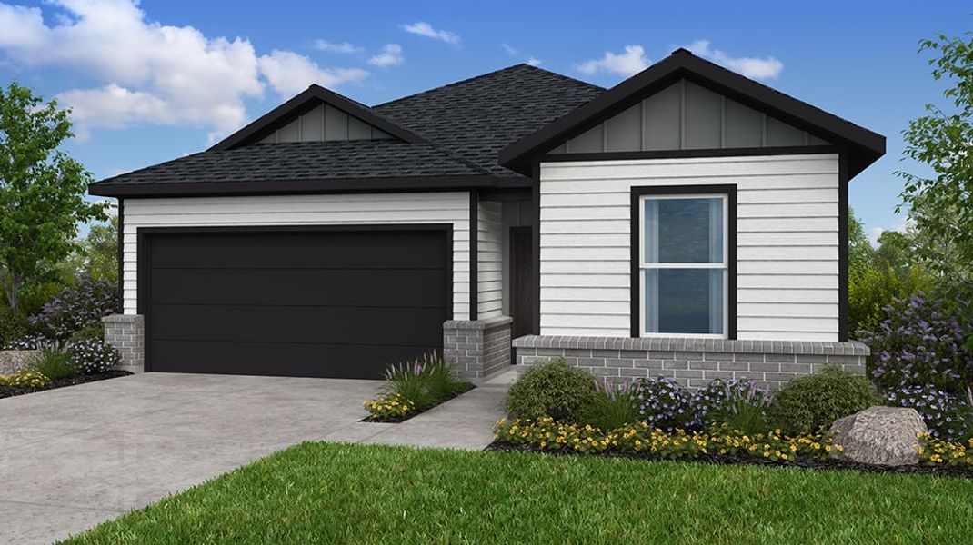 Front exterior of a new home in Newport Grove 50s, Crosby, TX, highlighting curb appeal (Image 18). Front exterior of a new home in Newport Grove 50s, Crosby, TX, highlighting curb appeal (Image 18).