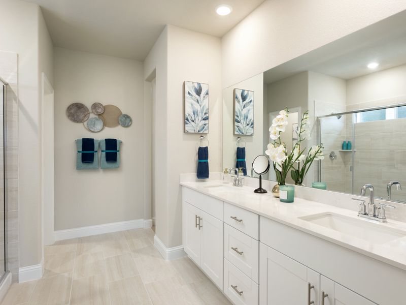 Primary bathroom in the Kessler floorplan at Tesoro at Chisholm Trail Ranch by Meritage Homes in Fort Worth, TX. Primary bathroom in the Kessler floorplan at Tesoro at Chisholm Trail Ranch by Meritage Homes in Fort Worth, TX.