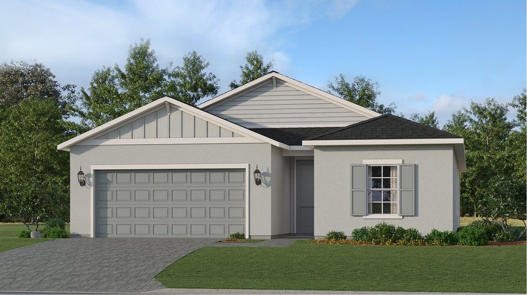 Front exterior of a new home in Island Lakes at Coco Bay: Executive Homes, Englewood, FL, highlighting curb appeal (Image 1).