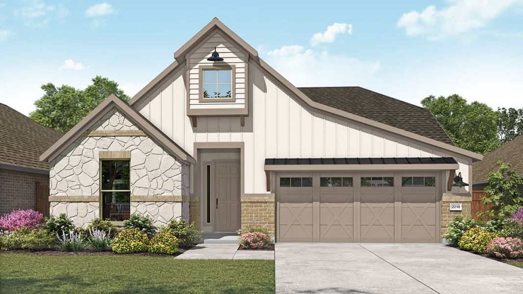 Representative exterior photo of a completed home built from the Oleander by DRB Homes in Oaks at San Gabriel, Georgetown, TX (Image 6). Representative exterior photo of a completed home built from the Oleander by DRB Homes in Oaks at San Gabriel, Georgetown, TX (Image 6).