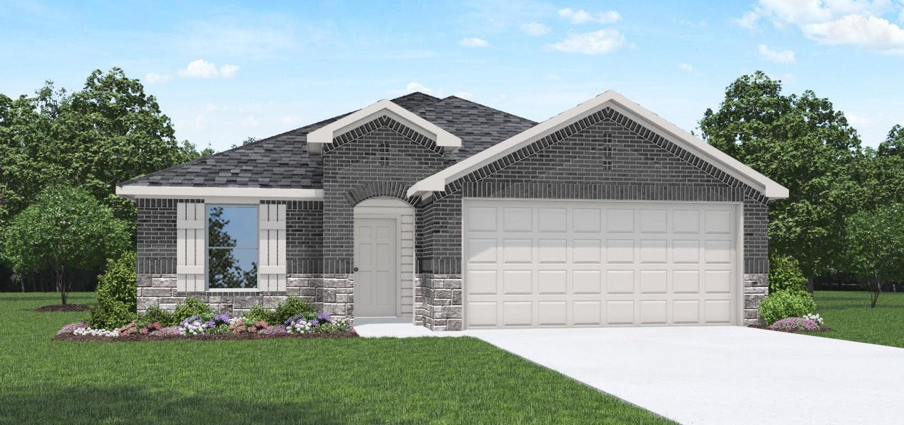 Front exterior of a new home in Cypress Green, Hockley, TX, highlighting curb appeal (Image 2). Front exterior of a new home in Cypress Green, Hockley, TX, highlighting curb appeal (Image 2).