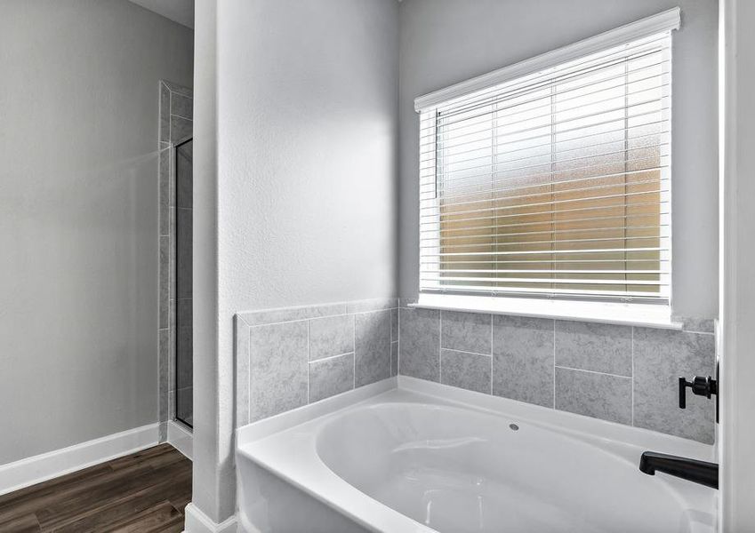 The master bathroom includes a large garden tub and a walk-in glass shower.