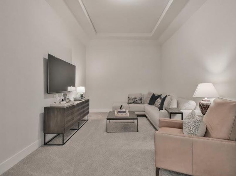 Living room with light carpet and a raised ceiling Living room with light carpet and a raised ceiling