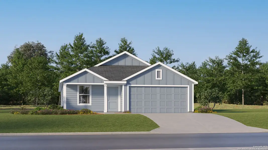 Front exterior of a new home in Voss Farms: Watermill Collection, New Braunfels, TX, highlighting curb appeal (Image 2).