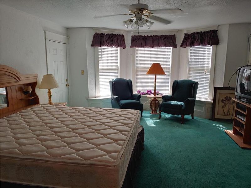 Bay window with three individual windows, a ceiling fan with integrated lighting, and wall-to-wall carpeting Bay window with three individual windows, a ceiling fan with integrated lighting, and wall-to-wall carpeting