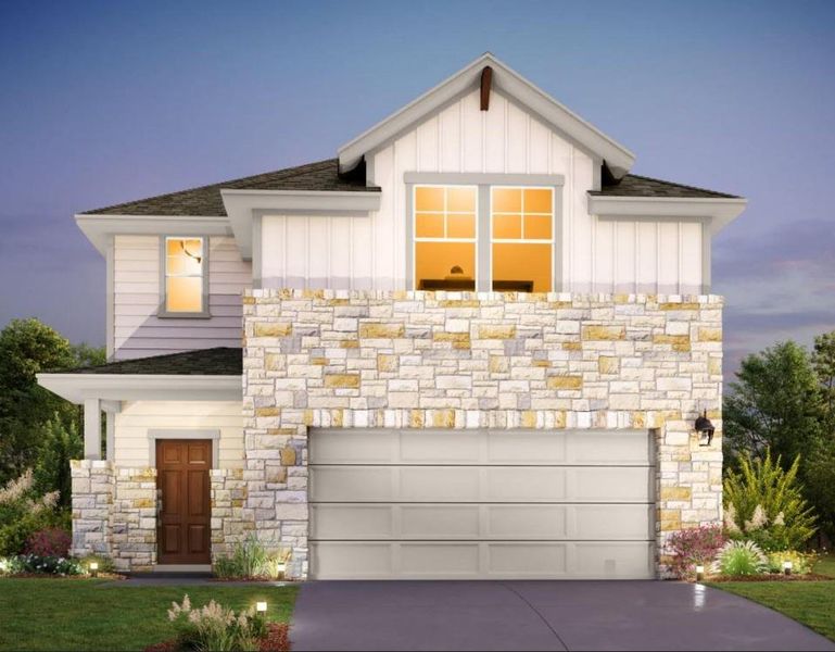 Front exterior of a new home in The Homestead at Lariat, Liberty Hill, TX, highlighting curb appeal (Image 1).