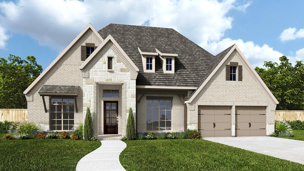 Front exterior of a new home in Evergreen 70', Conroe, TX, highlighting curb appeal (Image 13). Front exterior of a new home in Evergreen 70', Conroe, TX, highlighting curb appeal (Image 13).