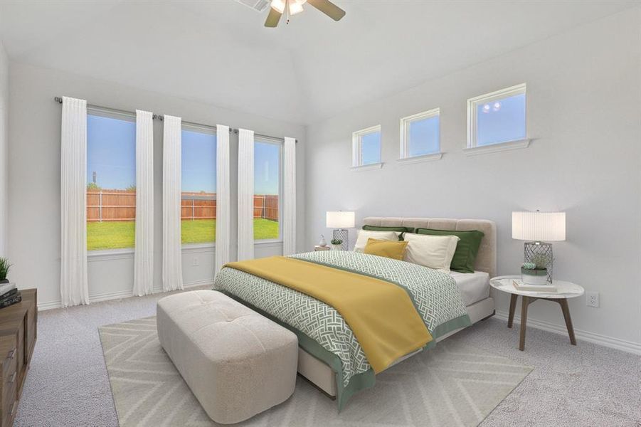 Bedroom with lofted ceiling, light colored carpet, and ceiling fan