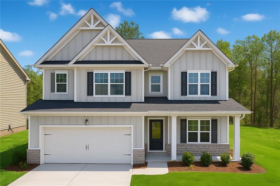 Front exterior of a new home in The Hills at Cedar Creek, Winder, GA, highlighting curb appeal (Image 1).