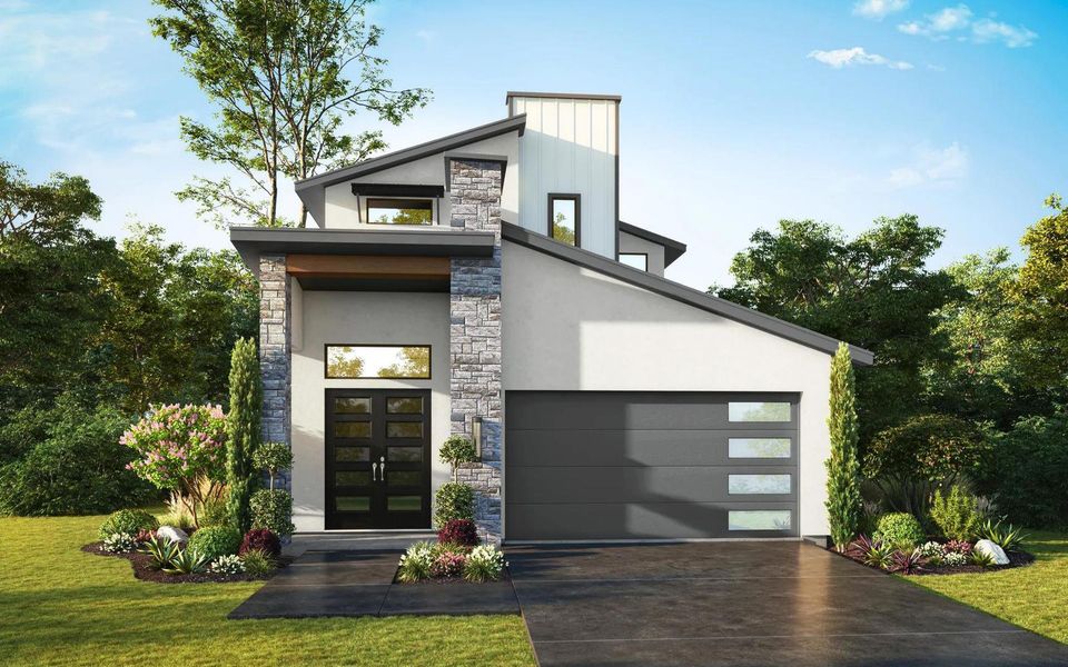 A modern architectural gem showcases a sleek facade with a two-car garage, stone accents, and mature landscaping. A modern architectural gem showcases a sleek facade with a two-car garage, stone accents, and mature landscaping.