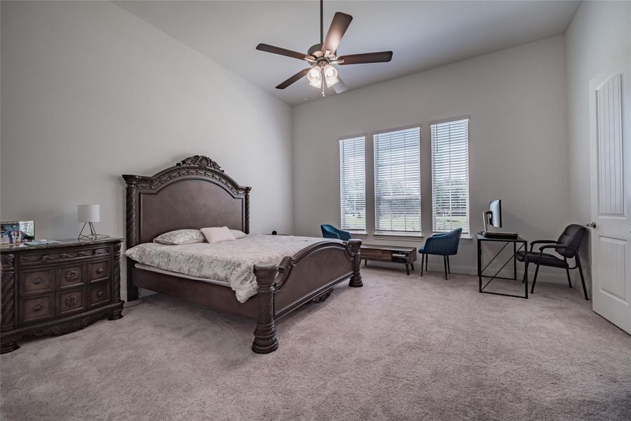 A spacious primary bedroom with high vaulted ceilings and light-filled windows, creating a serene retreat.