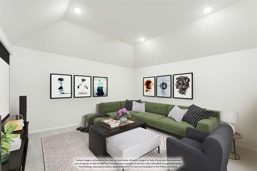 Living room with green sectional sofa, vaulted ceiling, recessed lighting, and framed wall art