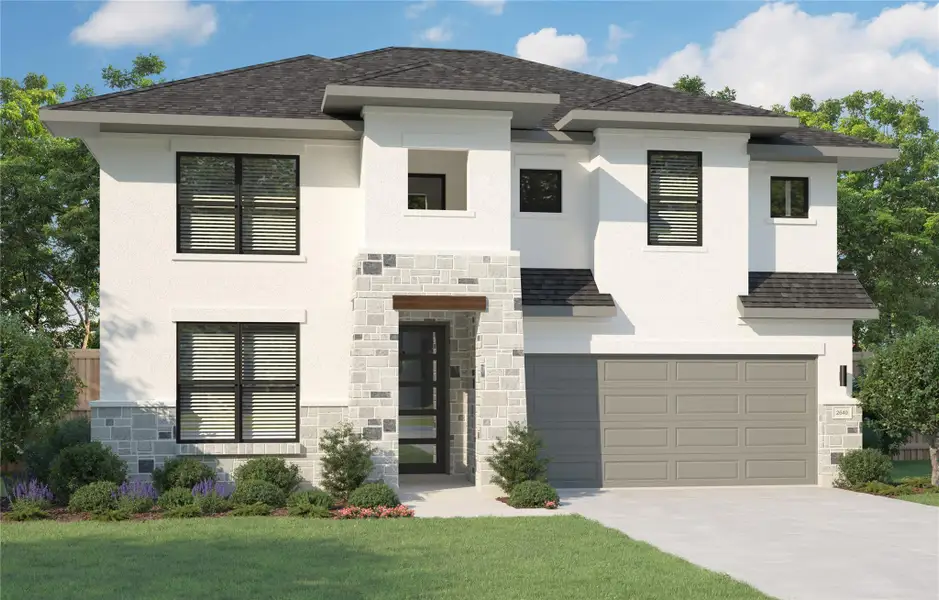 View of front of home with concrete driveway, an attached garage, and stone siding View of front of home with concrete driveway, an attached garage, and stone siding