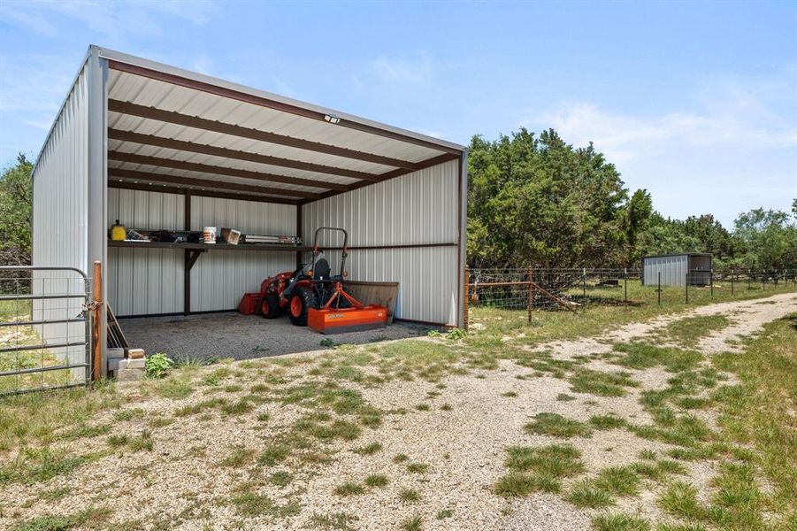 Equipment shop/shed with electricity, metal frame.