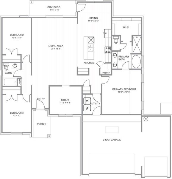 2D floor plan layout for the Buchanan by Home Creations in Encino Estates, Dayton, TX (Image 3).
