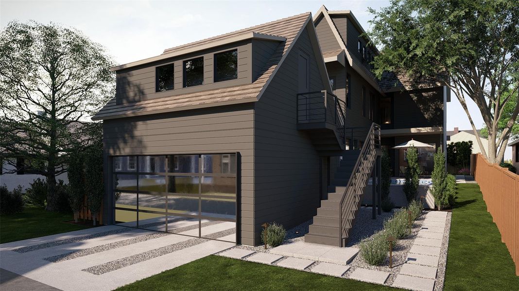 Modern lines and multi-level design characterize this striking detached structure with integrated garage. Modern lines and multi-level design characterize this striking detached structure with integrated garage.