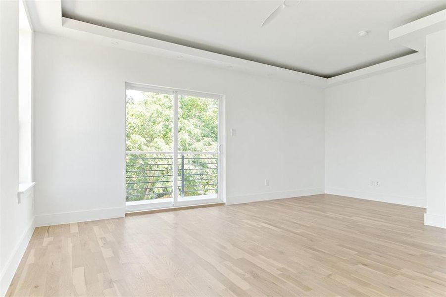 Empty room featuring light hardwood / wood-style flooring and a tray ceiling