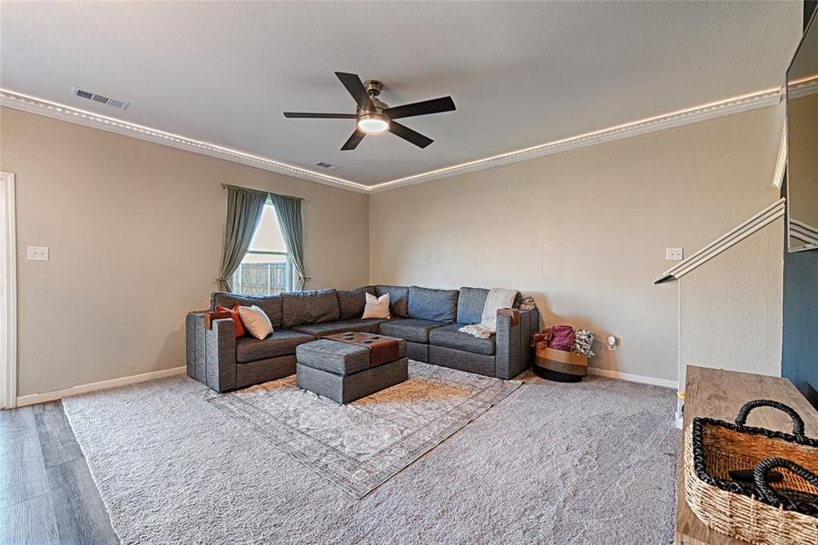 Living area featuring ornamental molding and ceiling fan Living area featuring ornamental molding and ceiling fan