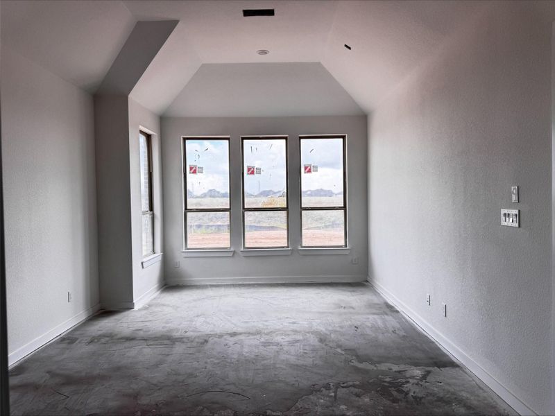 This primary bedroom features a dramatic vaulted ceiling and a wall of windows that fills the room with abundant natural light.