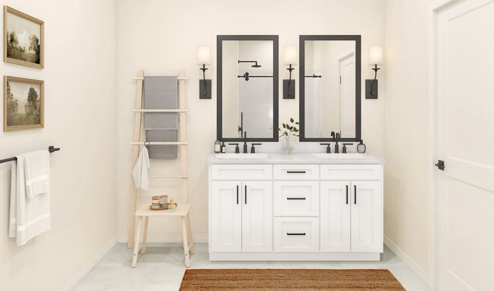 Primary bath with freestanding vanity