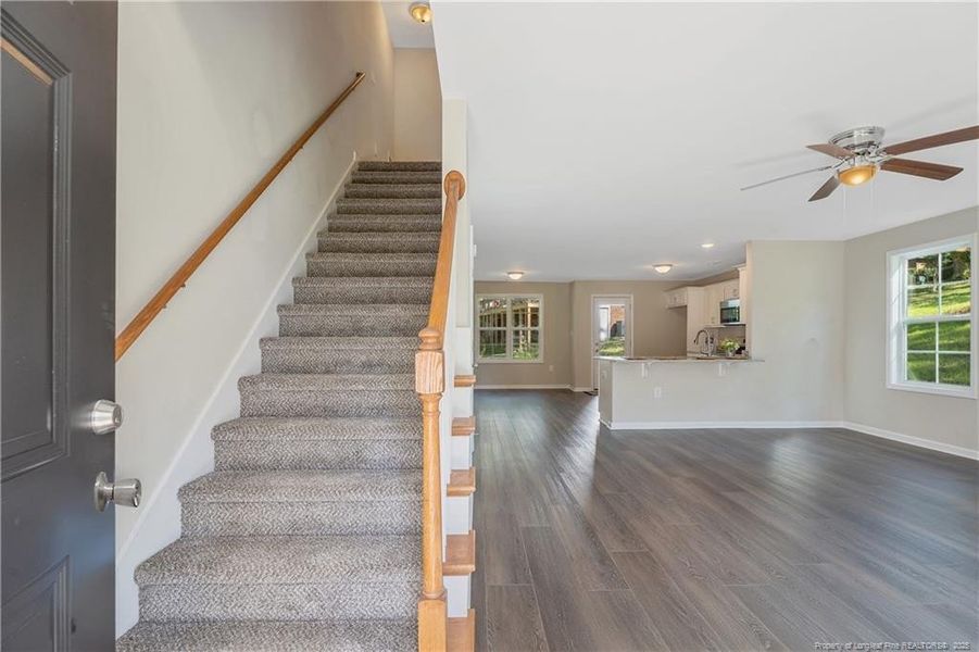 Open concept living to kitchen area