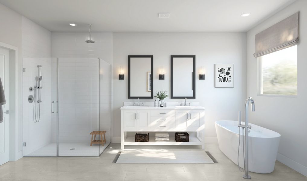 Primary bath with glass shower enclosure and tub Primary bath with glass shower enclosure and tub