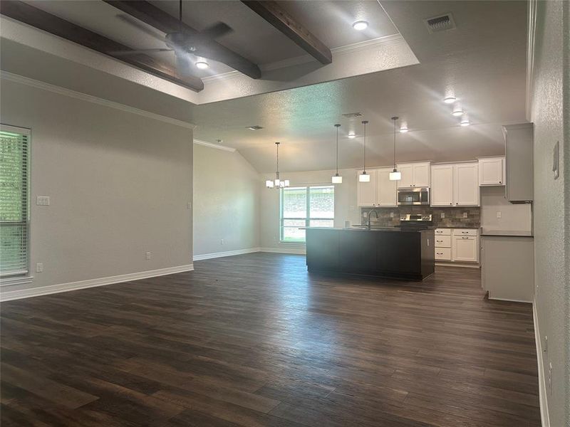 Kitchen featuring appliances with stainless steel finishes, a ceiling fan, a chandelier, open floor plan, and crown molding