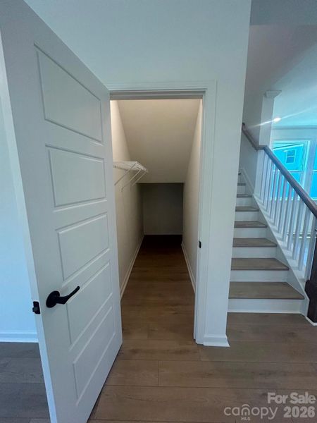 Storage room underneath staircase. Storage room underneath staircase.